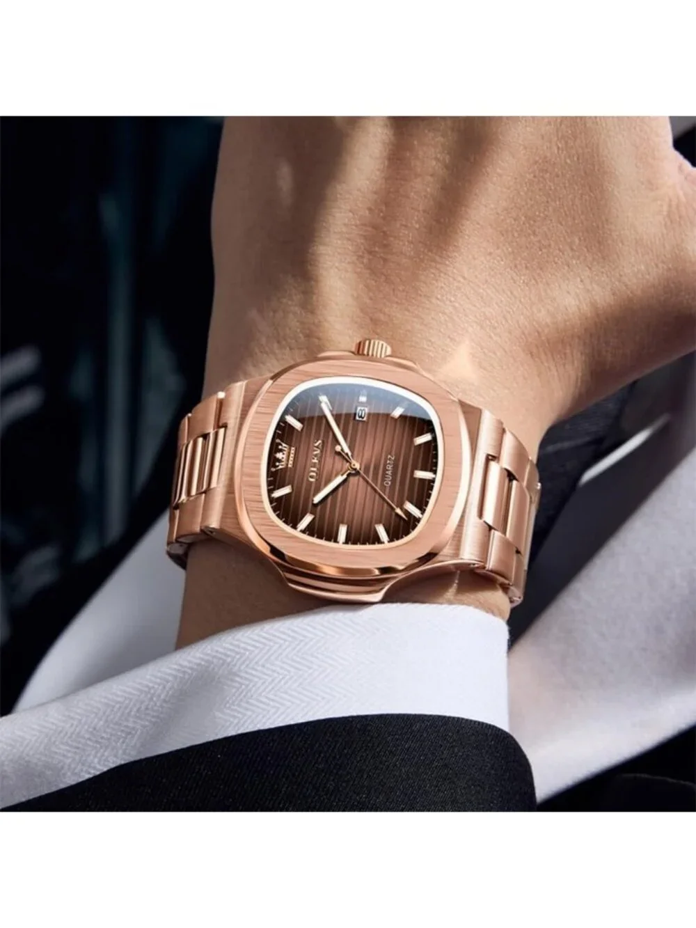 Men's Rose Gold/Brown Luxury Octagon Stainless Steel Waterproof Dress Watch